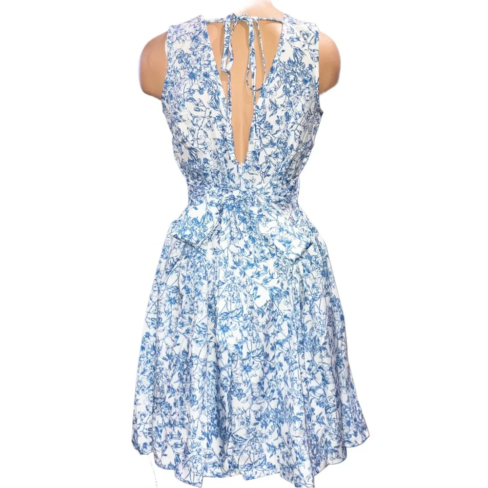 SHEIN Blue Floral Skater Dress Open Back Bow Tie Mini Dress - Picture 9 of 13
